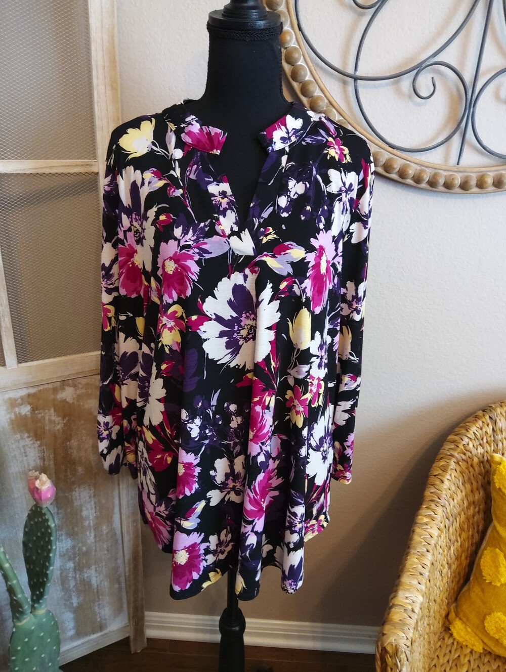 Dear Scarlett Black Floral V-Neck Tunic with Fuchsia, White & Yellow Blooms